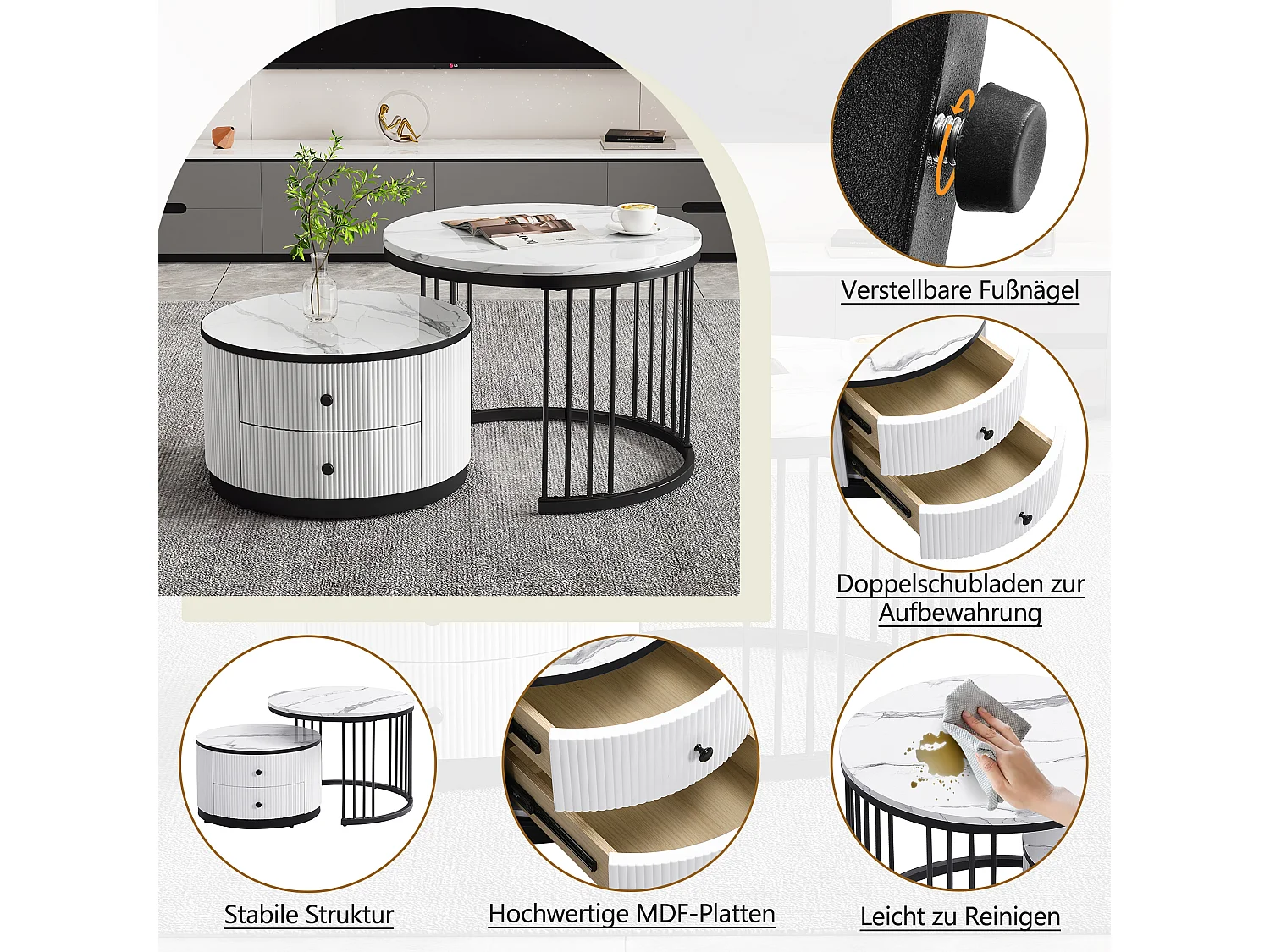 In elkaar passende salontafel in 2 delen, wit/zwart MDF, marmermotief, 2 lades, draagvermogen 30 kg (60 x 60 x 45,5 cm & 50 x 50 x 32 cm)