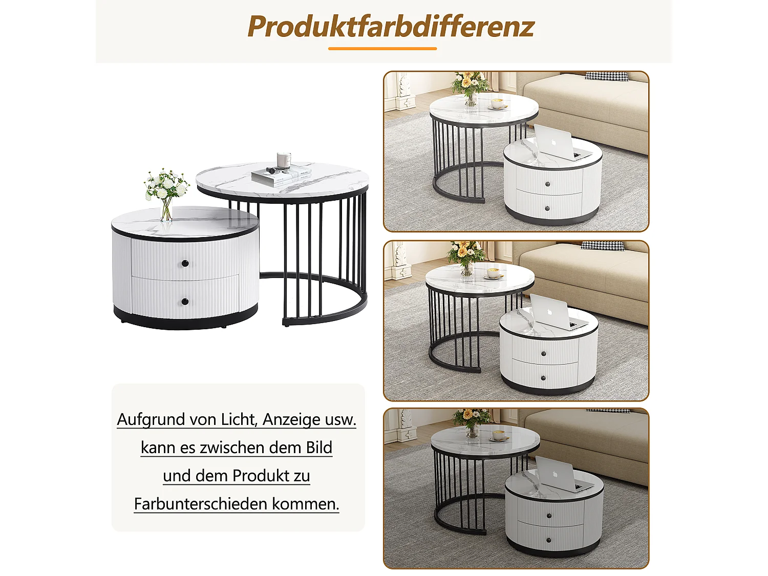 In elkaar passende salontafel in 2 delen, wit/zwart MDF, marmermotief, 2 lades, draagvermogen 30 kg (60 x 60 x 45,5 cm & 50 x 50 x 32 cm)