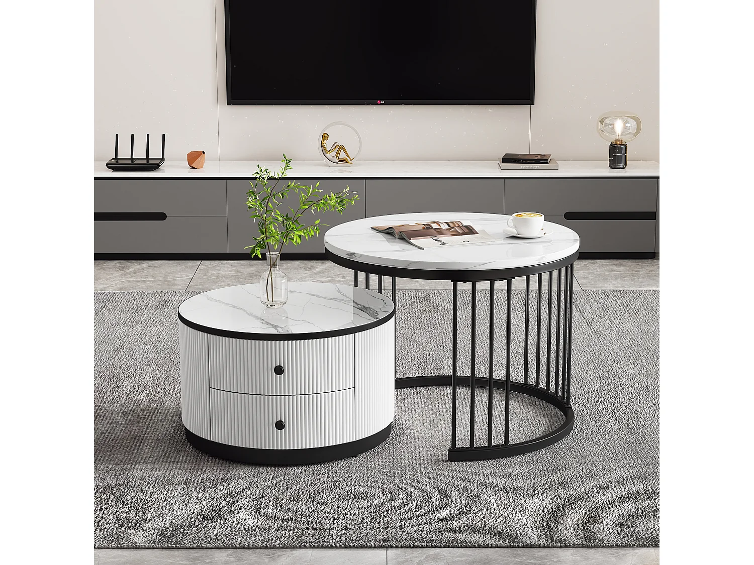 Table basse Nesting 2 pièces, MDF blanc/noir, motif marbré, 2 tiroirs, charge 30kg (60 x 60 x 45.5 cm & 50 x 50 x 32 cm)