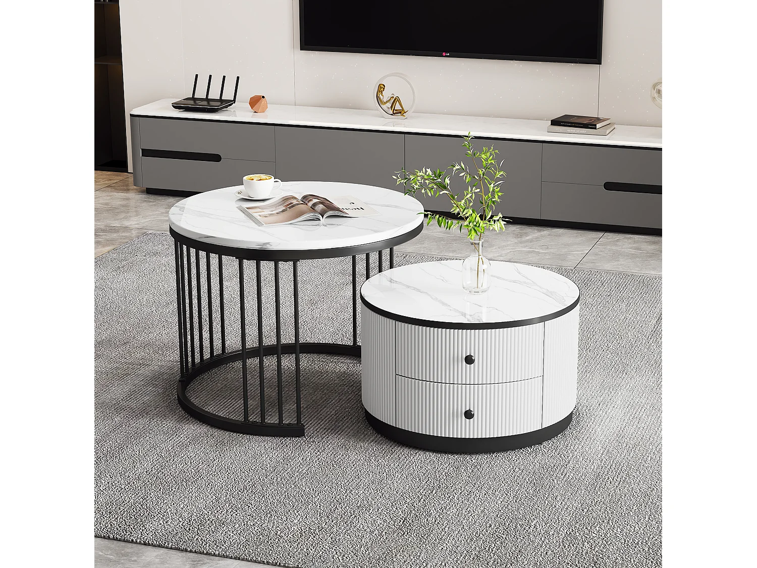 Table basse Nesting 2 pièces, MDF blanc/noir, motif marbré, 2 tiroirs, charge 30kg (60 x 60 x 45.5 cm & 50 x 50 x 32 cm)