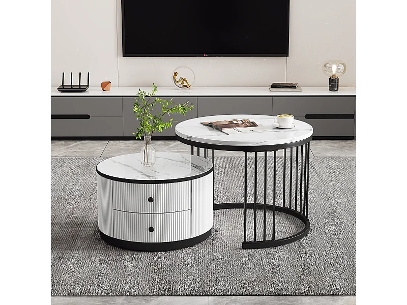 Table basse Nesting 2 pièces, MDF blanc/noir, motif marbré, 2 tiroirs, charge 30kg (60 x 60 x 45.5 cm & 50 x 50 x 32 cm)