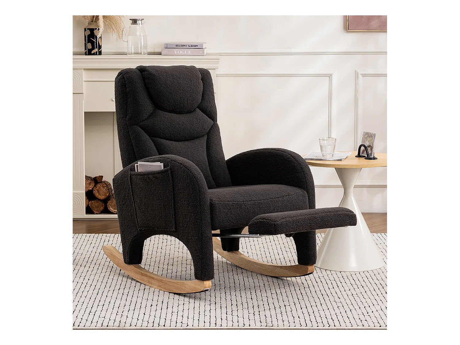 Schommelstoel met poef, Relaxfauteuil, hoge rugleuning, in donkergrijze pluche stof (66x125x101 cm)