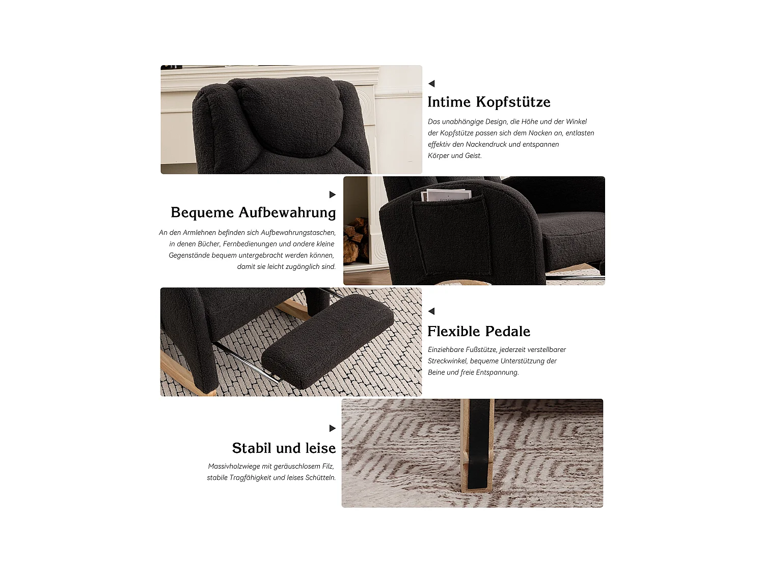 Schommelstoel met poef, Relaxfauteuil, hoge rugleuning, in donkergrijze pluche stof (66x125x101 cm)