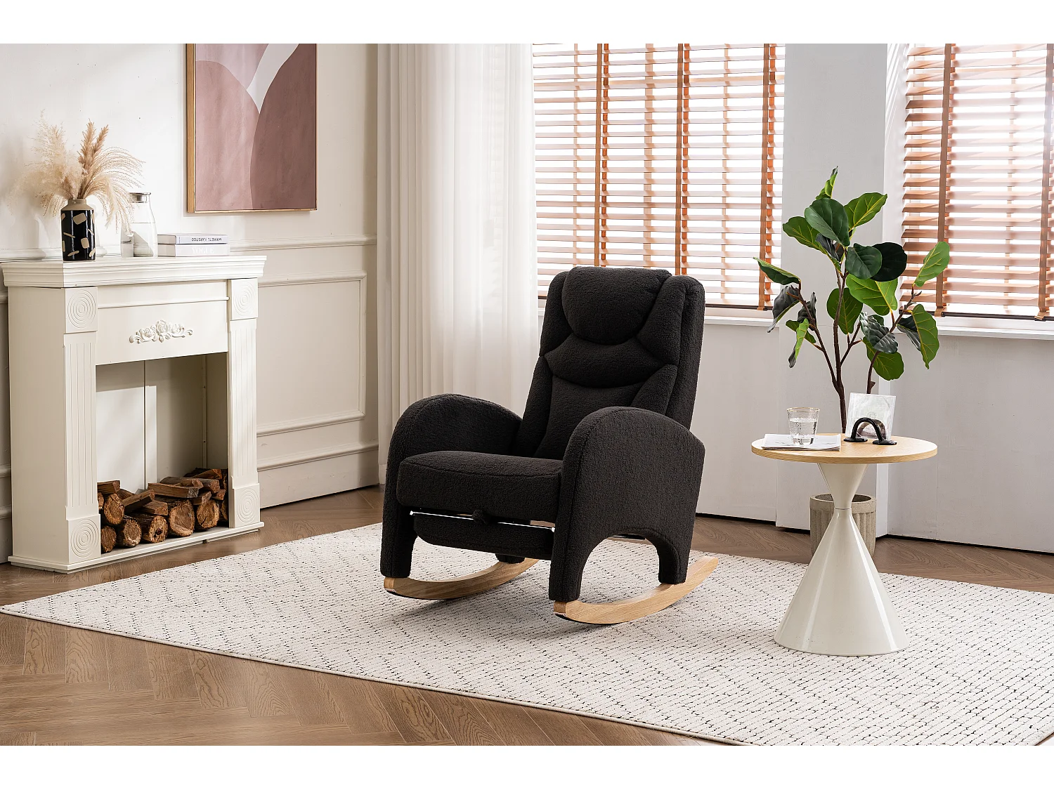 Schommelstoel met poef, Relaxfauteuil, hoge rugleuning, in donkergrijze pluche stof (66x125x101 cm)