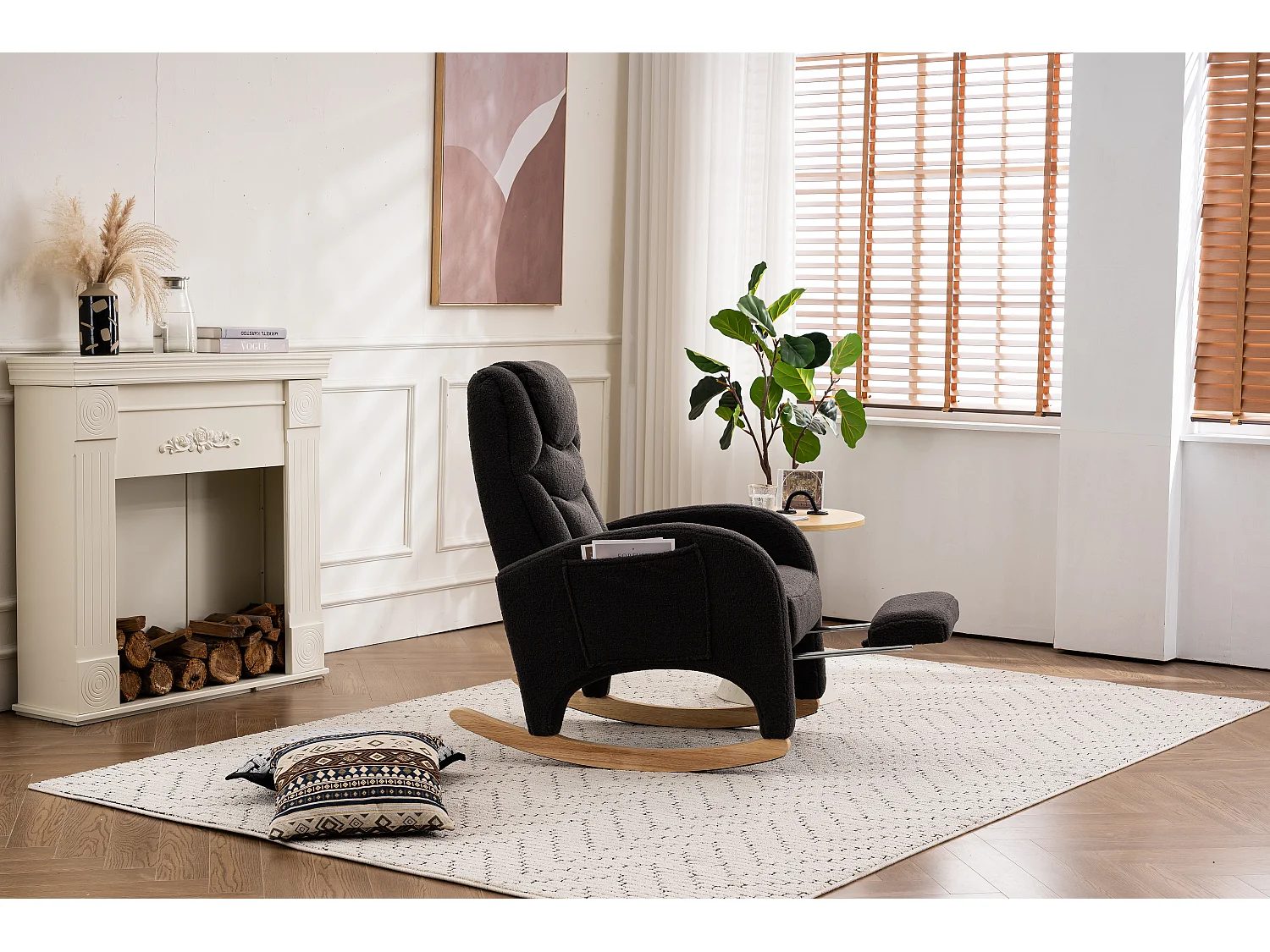 Schommelstoel met poef, Relaxfauteuil, hoge rugleuning, in donkergrijze pluche stof (66x125x101 cm)