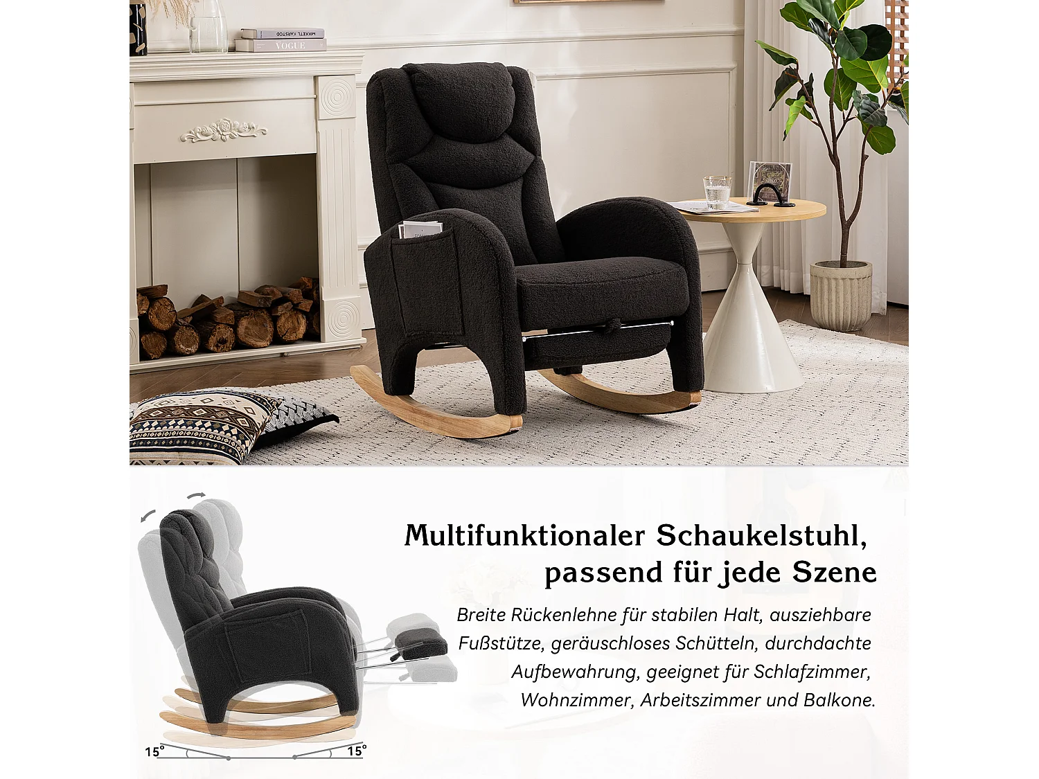 Schommelstoel met poef, Relaxfauteuil, hoge rugleuning, in donkergrijze pluche stof (66x125x101 cm)