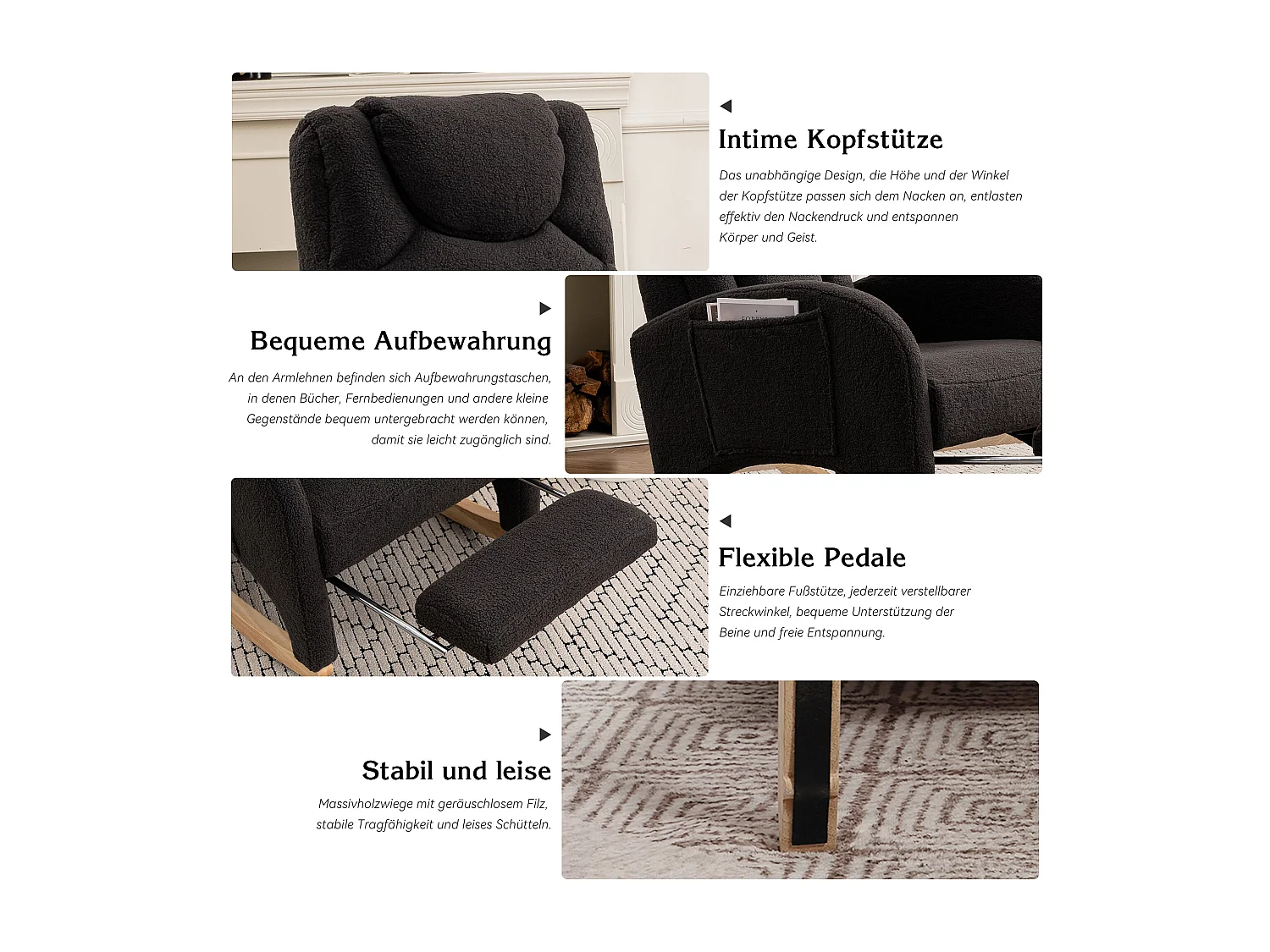 Schommelstoel met poef, Relaxfauteuil, hoge rugleuning, in donkergrijze pluche stof (66x125x101 cm)