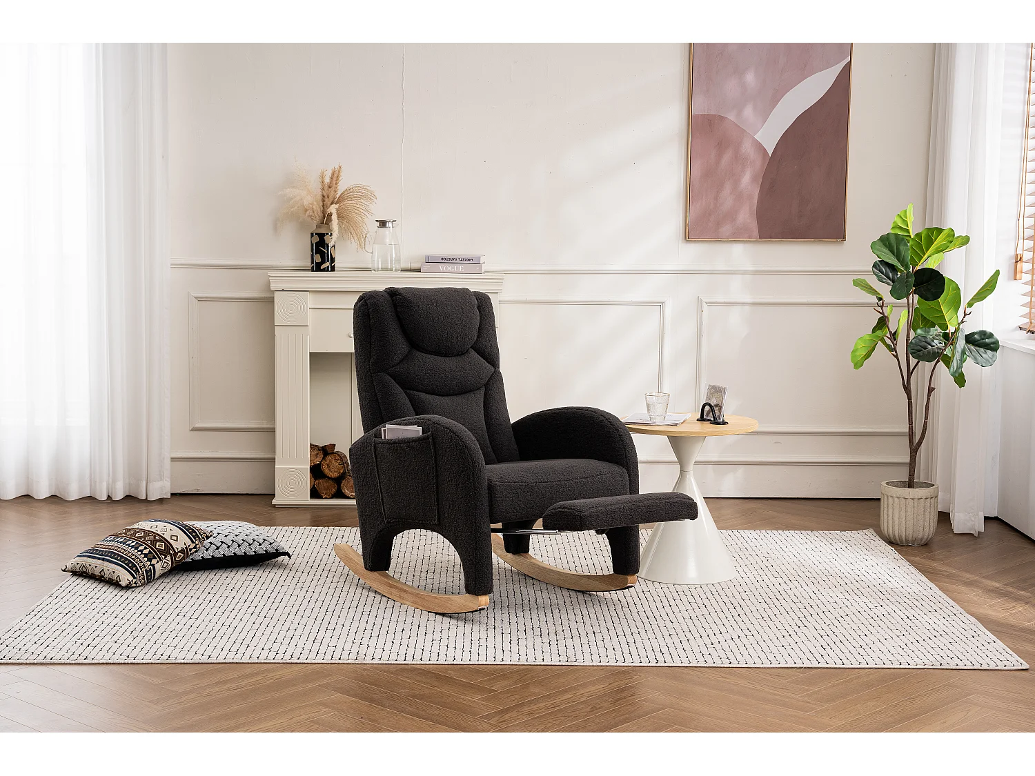 Schommelstoel met poef, Relaxfauteuil, hoge rugleuning, in donkergrijze pluche stof (66x125x101 cm)