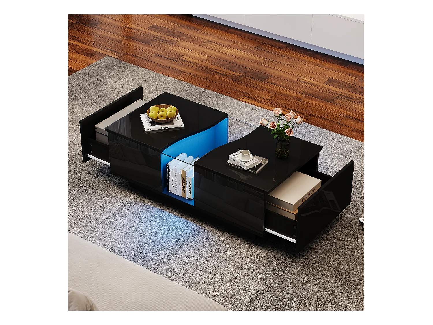 Table basse moderne avec éclairage LED, 2 tiroirs et plateau acrylique, MDF noir brillant (100x50x35cm)