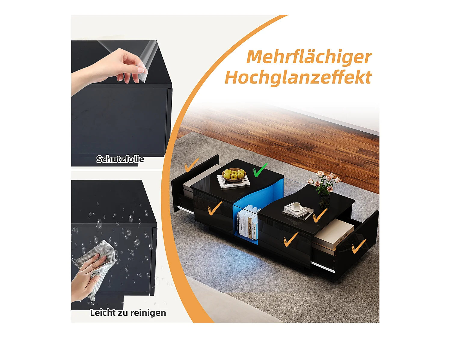 Table basse moderne avec éclairage LED, 2 tiroirs et plateau acrylique, MDF noir brillant (100x50x35cm)