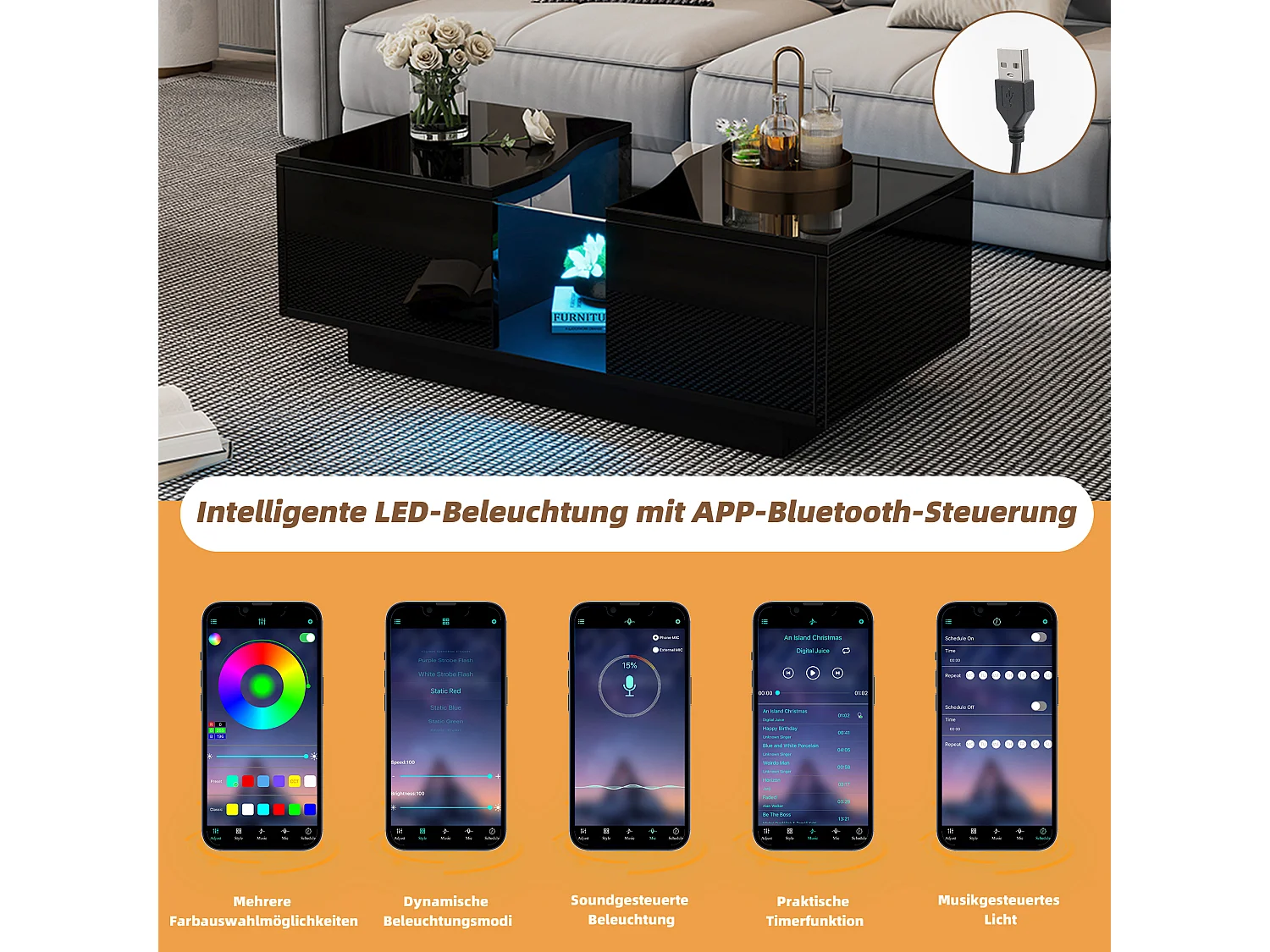 Table basse moderne avec éclairage LED, 2 tiroirs et plateau acrylique, MDF noir brillant (100x50x35cm)