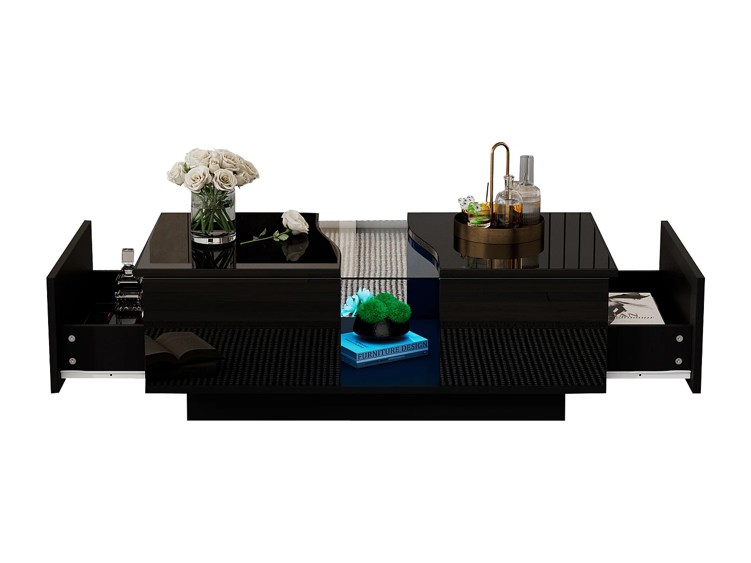 Table basse moderne avec éclairage LED, 2 tiroirs et plateau acrylique, MDF noir brillant (100x50x35cm)