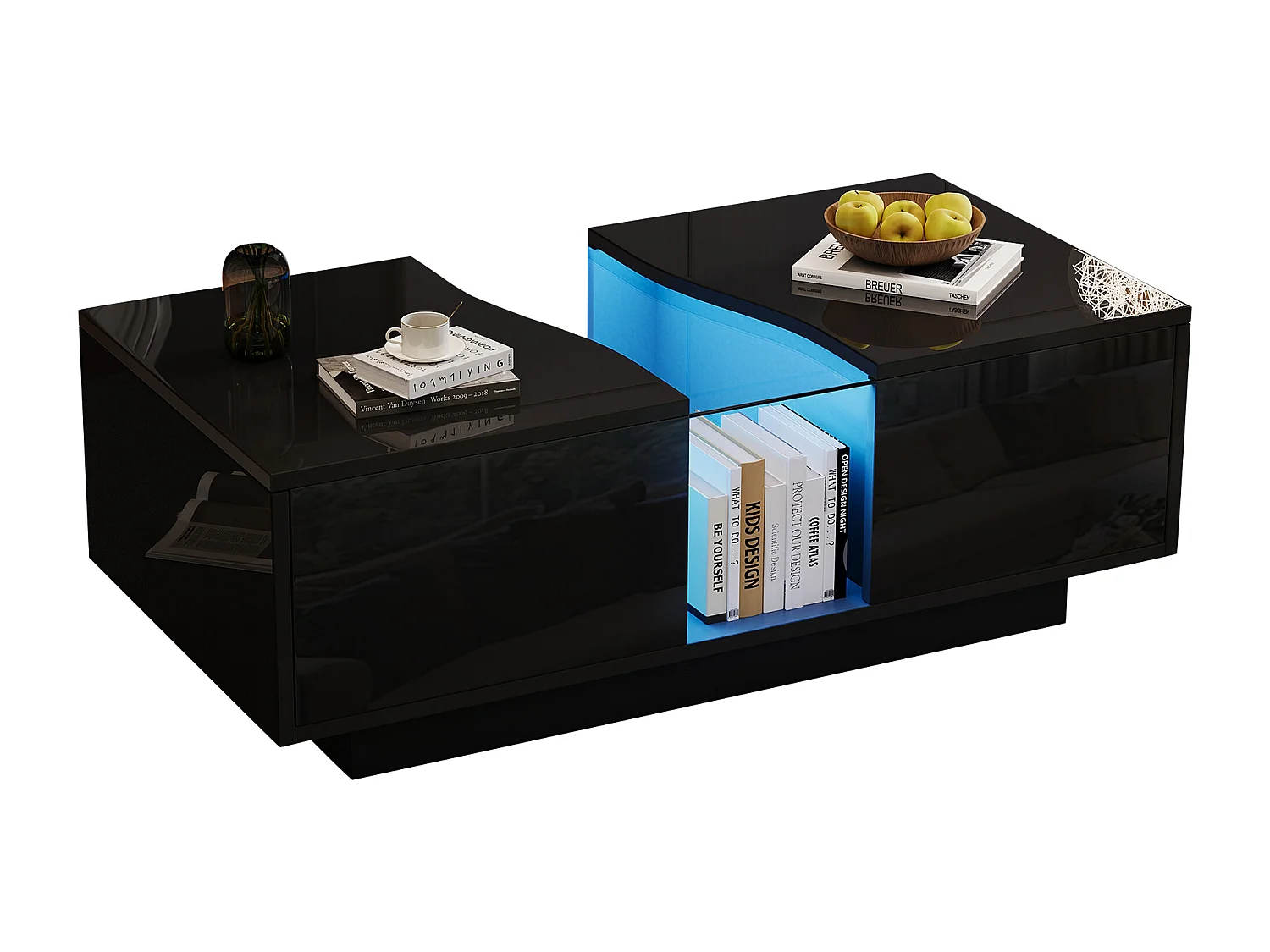 Table basse moderne avec éclairage LED, 2 tiroirs et plateau acrylique, MDF noir brillant (100x50x35cm)