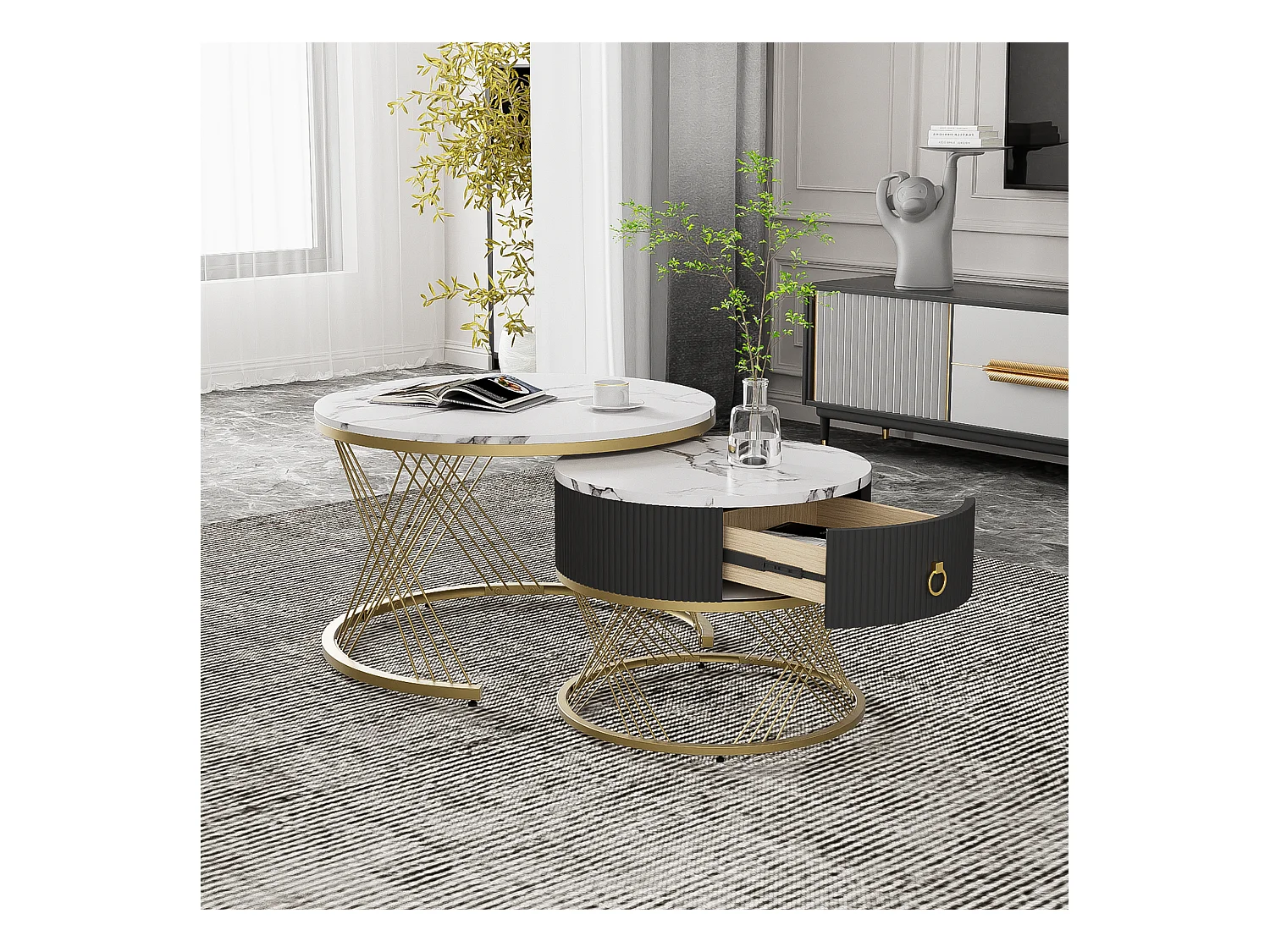 2-delige stapelbare salontafel, modern design, MDF, wit en goud, met opberglades (70x70x45 + 50x50x40 cm)