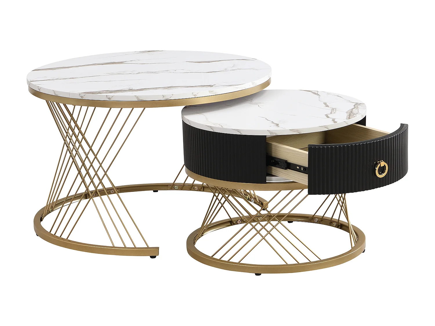 2-delige stapelbare salontafel, modern design, MDF, wit en goud, met opberglades (70x70x45 + 50x50x40 cm)