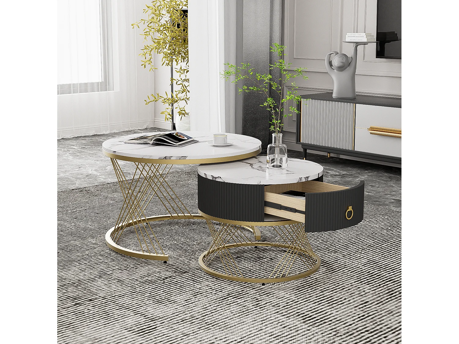 Table basse empilable 2 pièces, design moderne, MDF, blanc et or, avec tiroirs de rangement (70x70x45 + 50x50x40 cm)