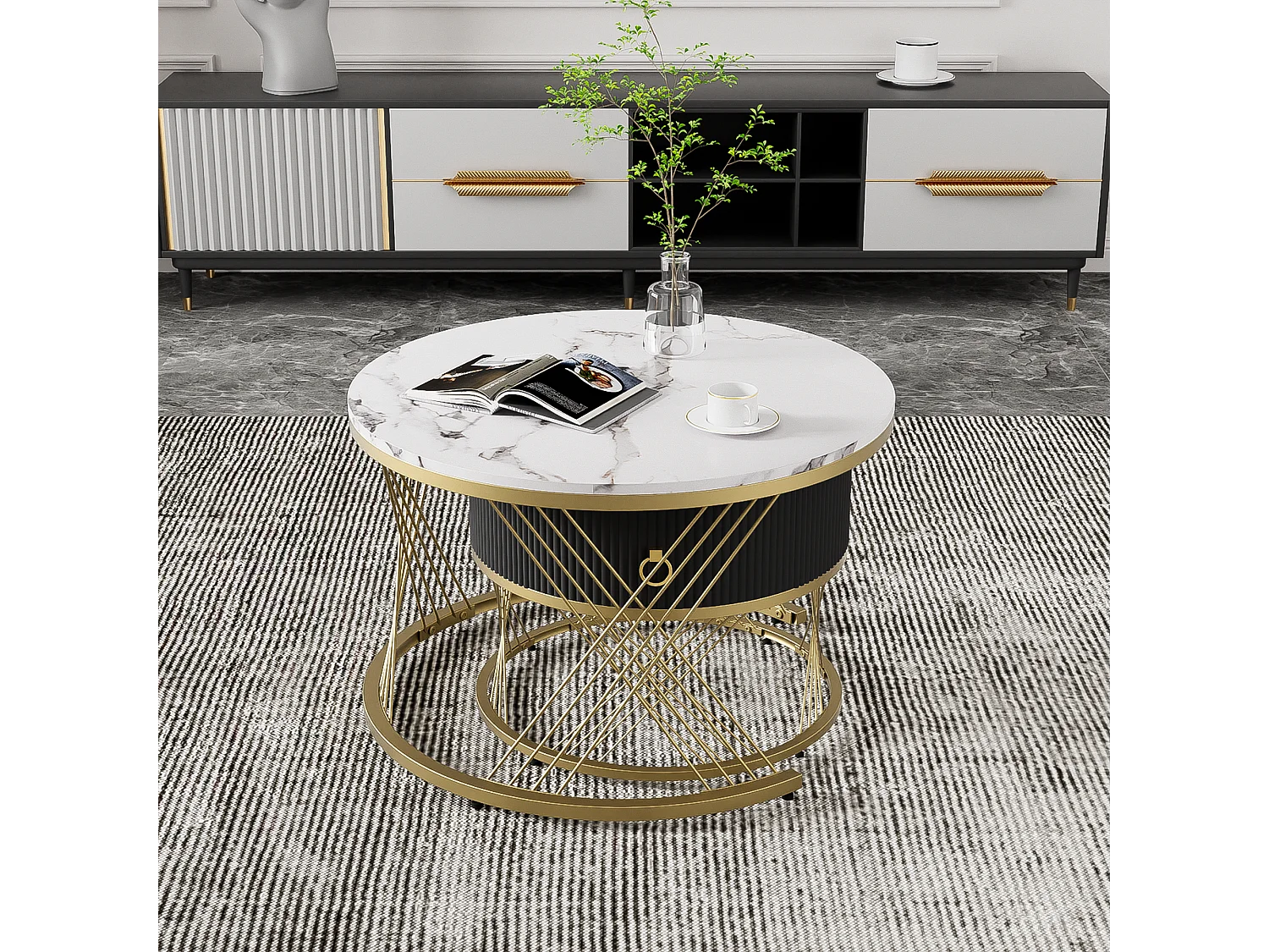 Table basse empilable 2 pièces, design moderne, MDF, blanc et or, avec tiroirs de rangement (70x70x45 + 50x50x40 cm)