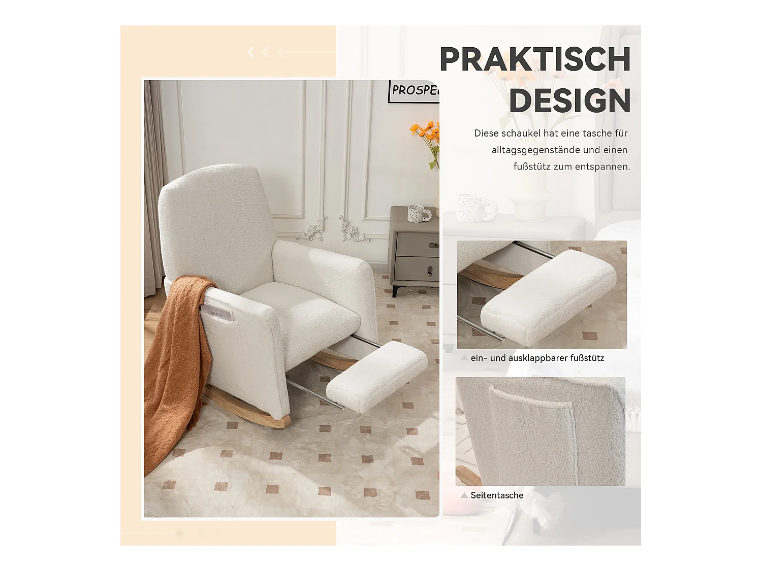 Poltrona a dondolo con pouf, poltrona relax, schienale alto, in tessuto felpato bianco (67x126x98 cm)