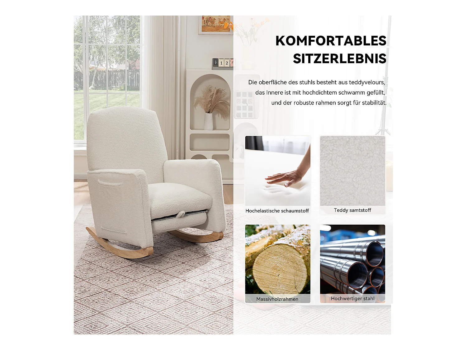 Poltrona a dondolo con pouf, poltrona relax, schienale alto, in tessuto felpato bianco (67x126x98 cm)