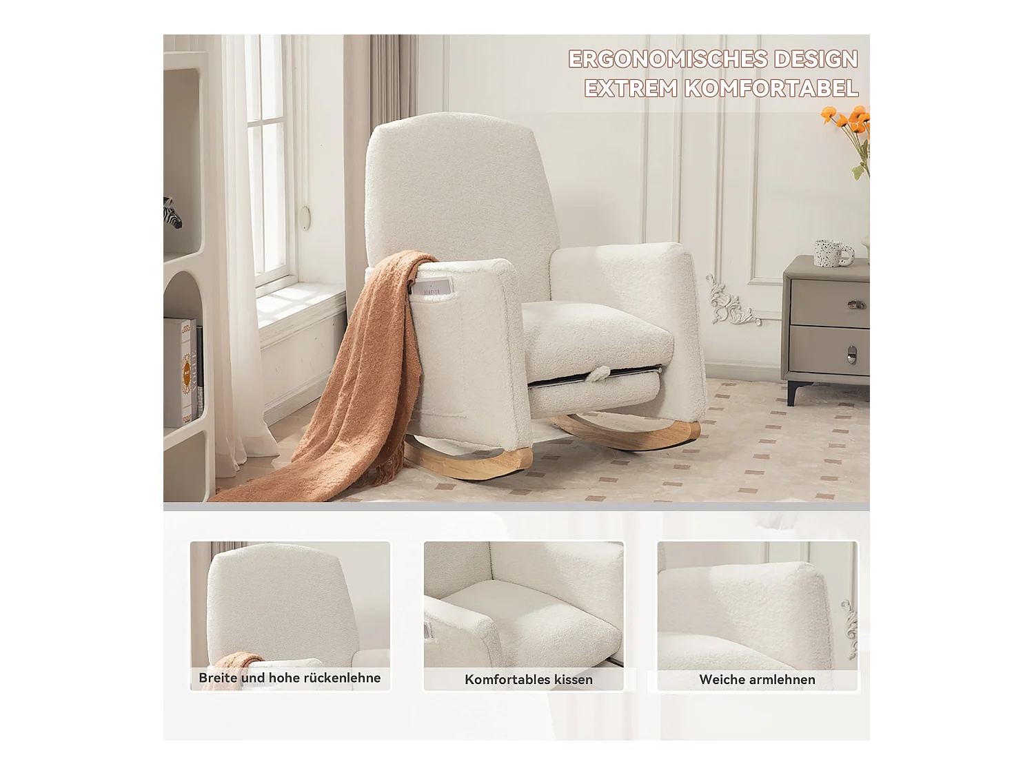 Fauteuil à bascule avec Poufe, Relax fauteuil, haut dossier, en Tissu peluche blanc (67x126x98 cm)