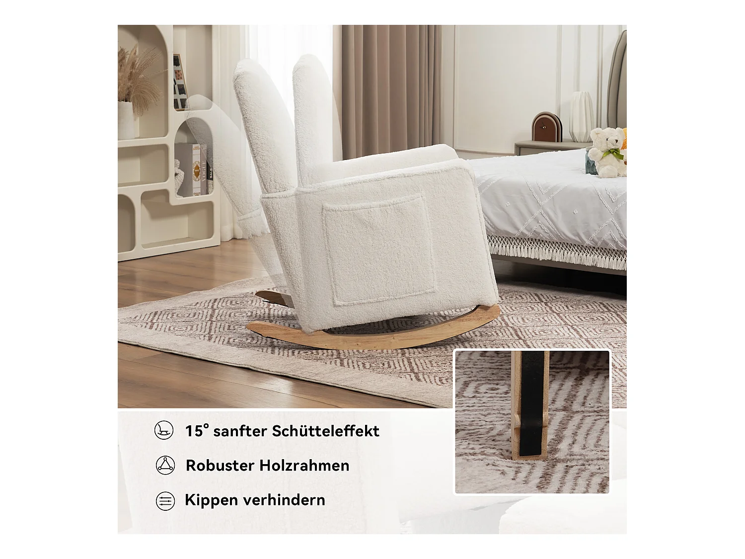 Fauteuil à bascule avec Poufe, Relax fauteuil, haut dossier, en Tissu peluche blanc (67x126x98 cm)