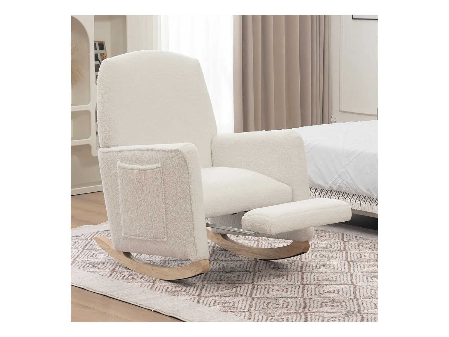 Fauteuil à bascule avec Poufe, Relax fauteuil, haut dossier, en Tissu peluche blanc (67x126x98 cm)