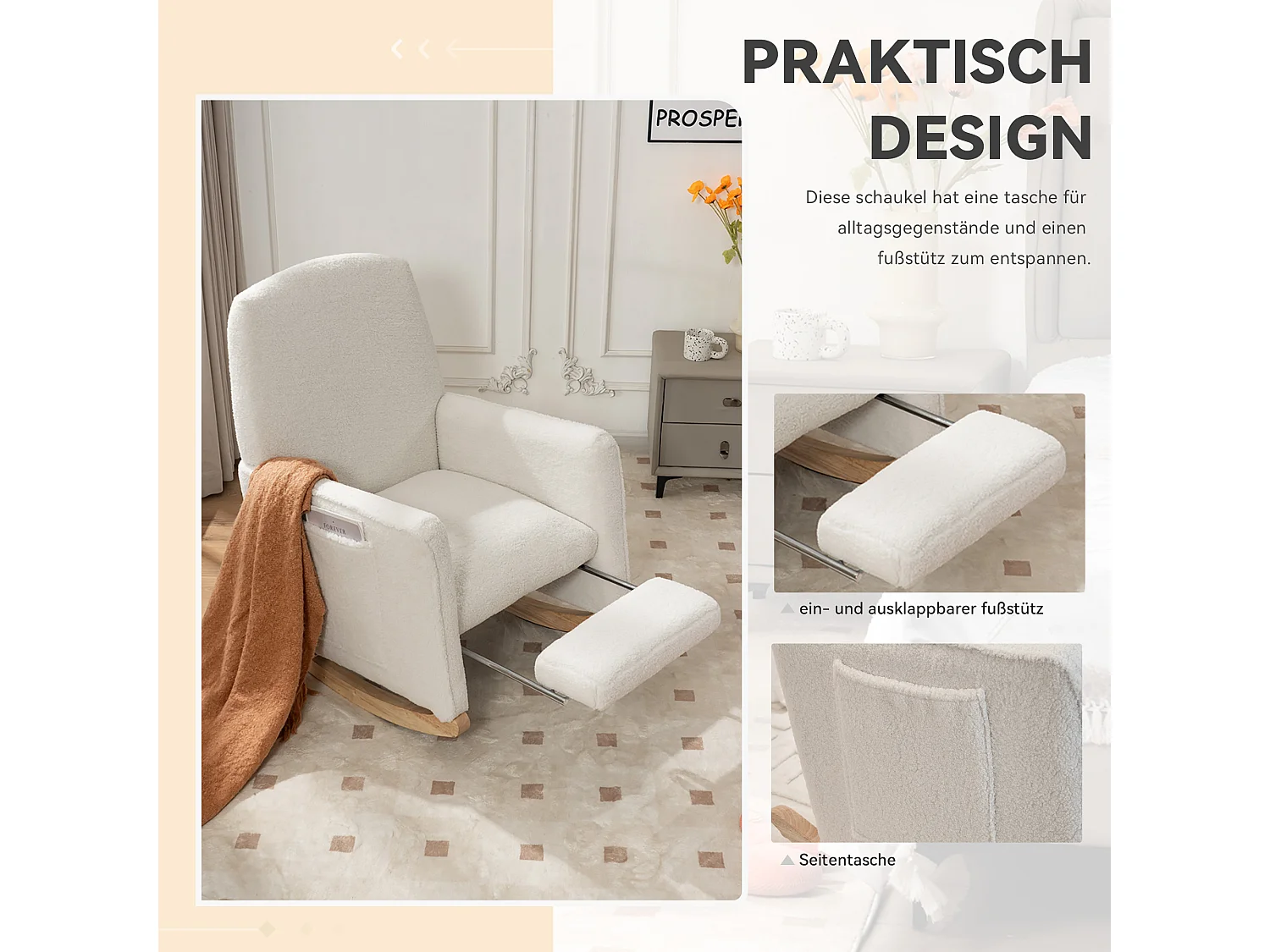 Poltrona a dondolo con pouf, poltrona relax, schienale alto, in tessuto felpato bianco (67x126x98 cm)