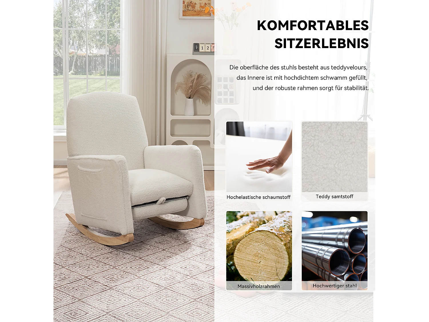 Poltrona a dondolo con pouf, poltrona relax, schienale alto, in tessuto felpato bianco (67x126x98 cm)