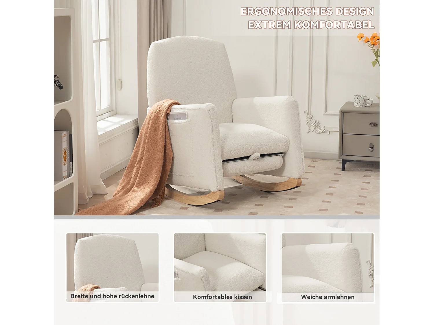 Poltrona a dondolo con pouf, poltrona relax, schienale alto, in tessuto felpato bianco (67x126x98 cm)