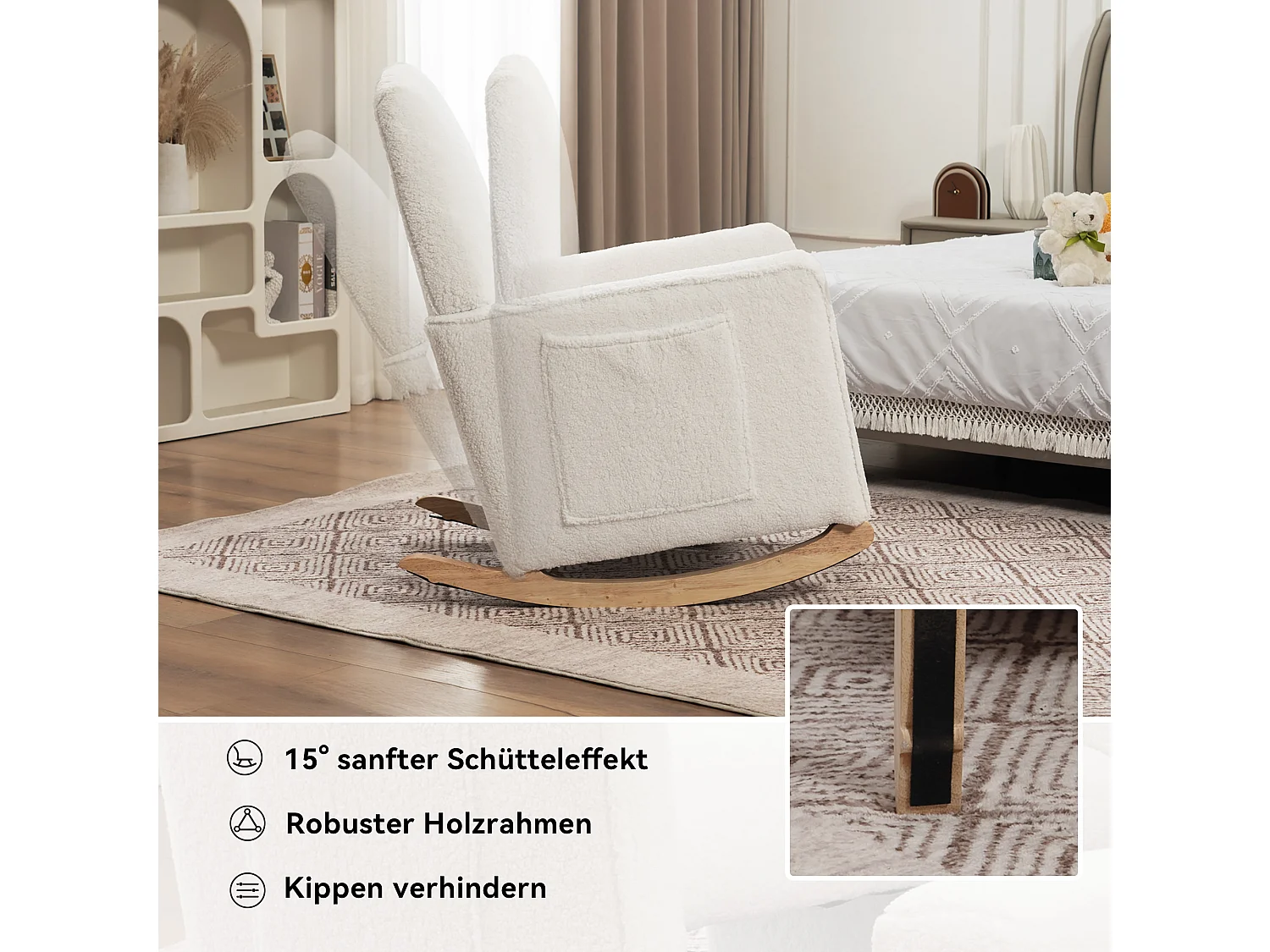 Poltrona a dondolo con pouf, poltrona relax, schienale alto, in tessuto felpato bianco (67x126x98 cm)