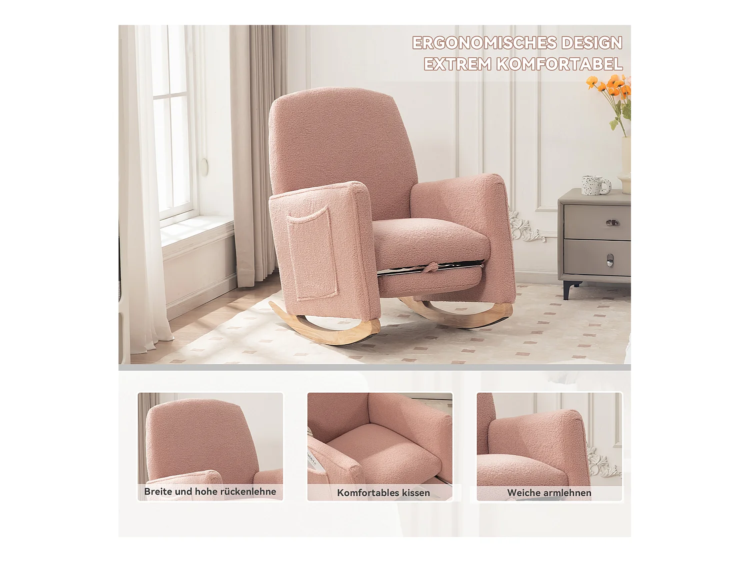 Schommelstoel met poef, Relaxfauteuil, hoge rugleuning, in roze pluche stof (67x126x98 cm)