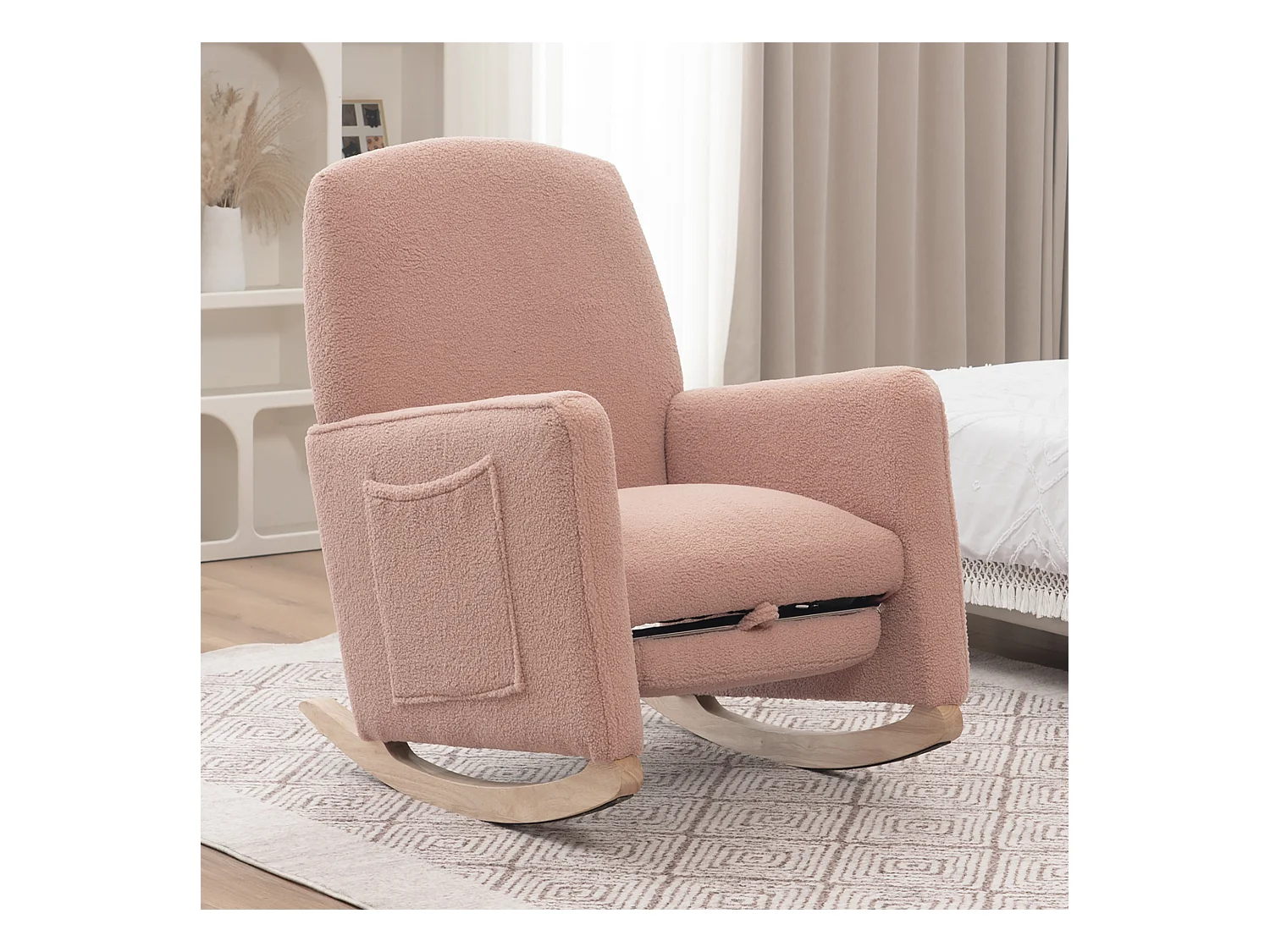 Schommelstoel met poef, Relaxfauteuil, hoge rugleuning, in roze pluche stof (67x126x98 cm)