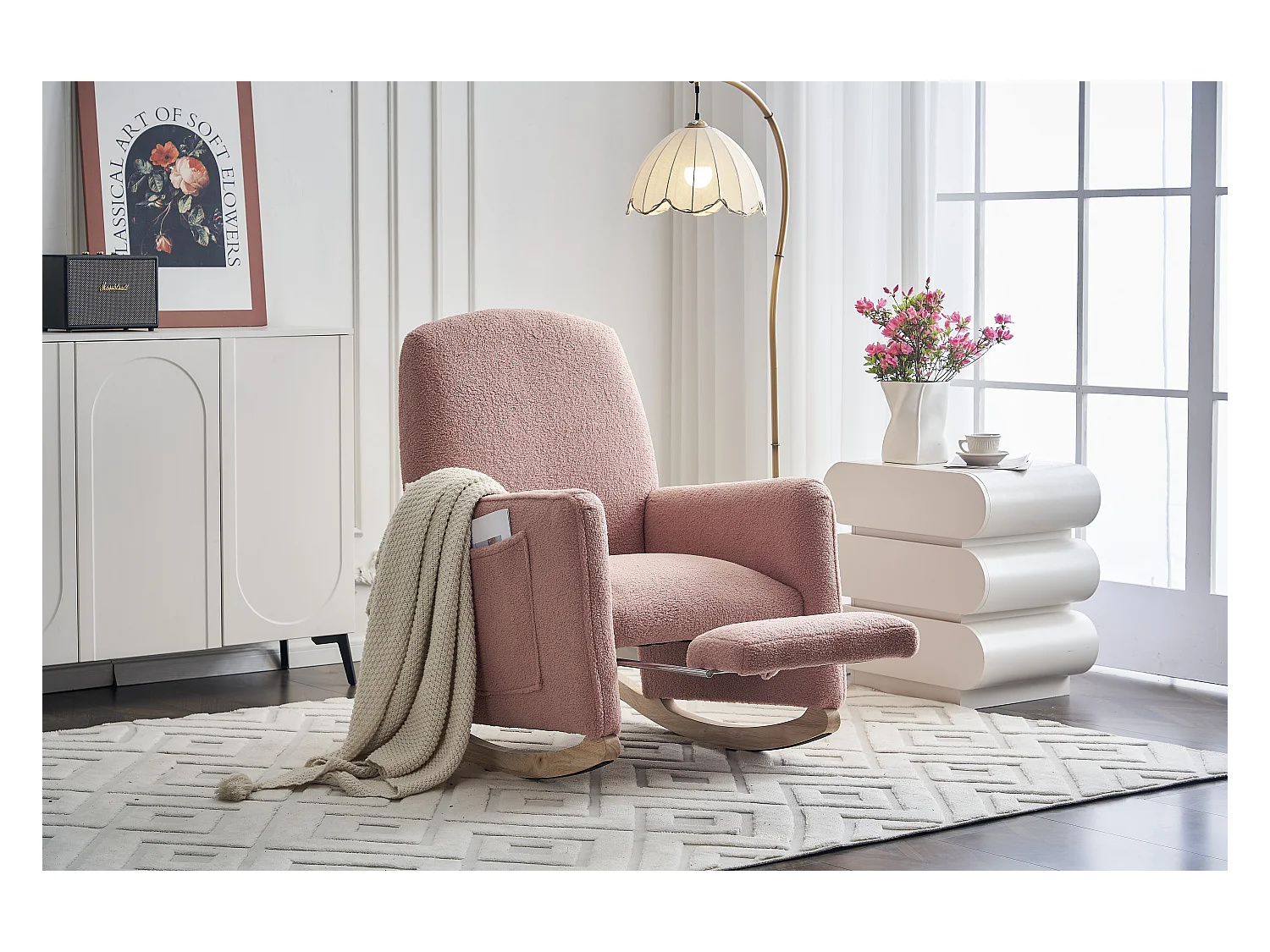 Schommelstoel met poef, Relaxfauteuil, hoge rugleuning, in roze pluche stof (67x126x98 cm)
