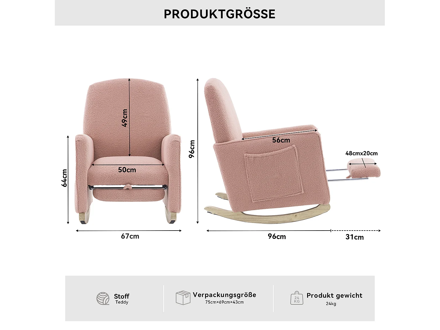 Fauteuil à bascule avec Poufe, Relax fauteuil, haut dossier, en Tissu peluche rose (67x126x98 cm)