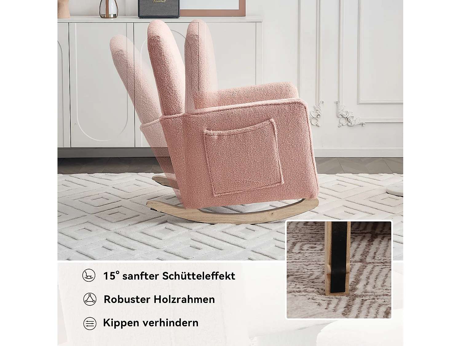 Fauteuil à bascule avec Poufe, Relax fauteuil, haut dossier, en Tissu peluche rose (67x126x98 cm)
