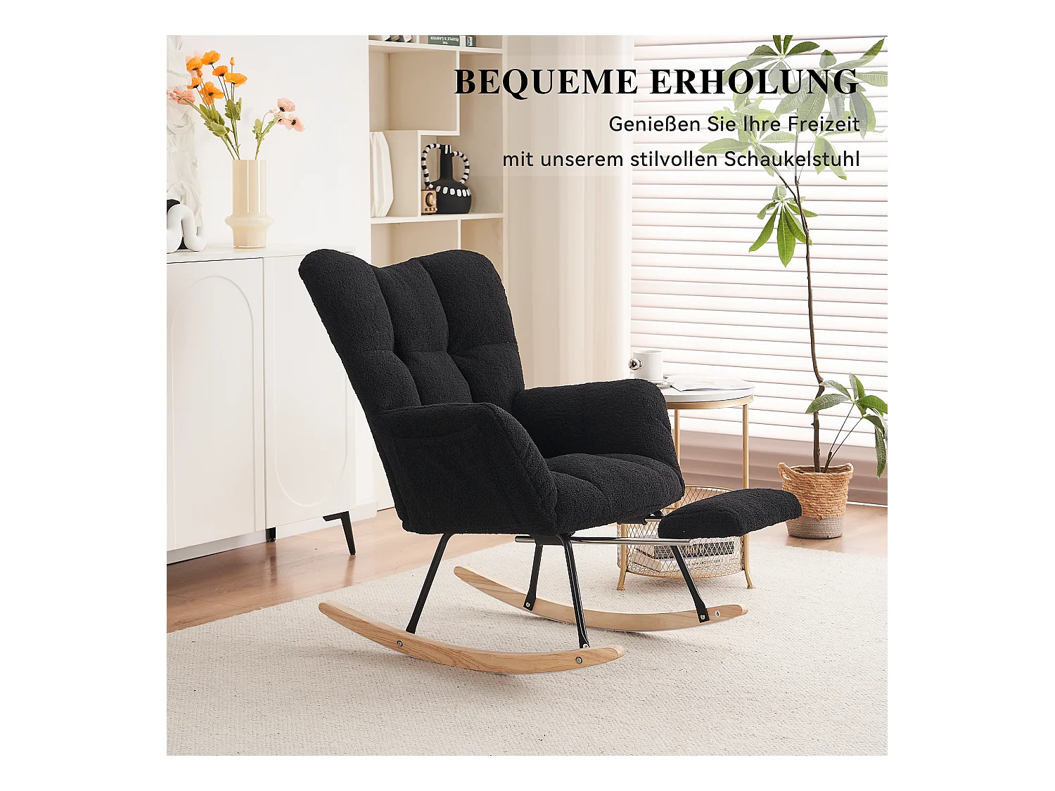 Fauteuil à bascule moderne en Tissu peluche, fauteuil avec dossier haut et repose-pieds escamotable, tissu doux, noir (80x98x98.5 cm)