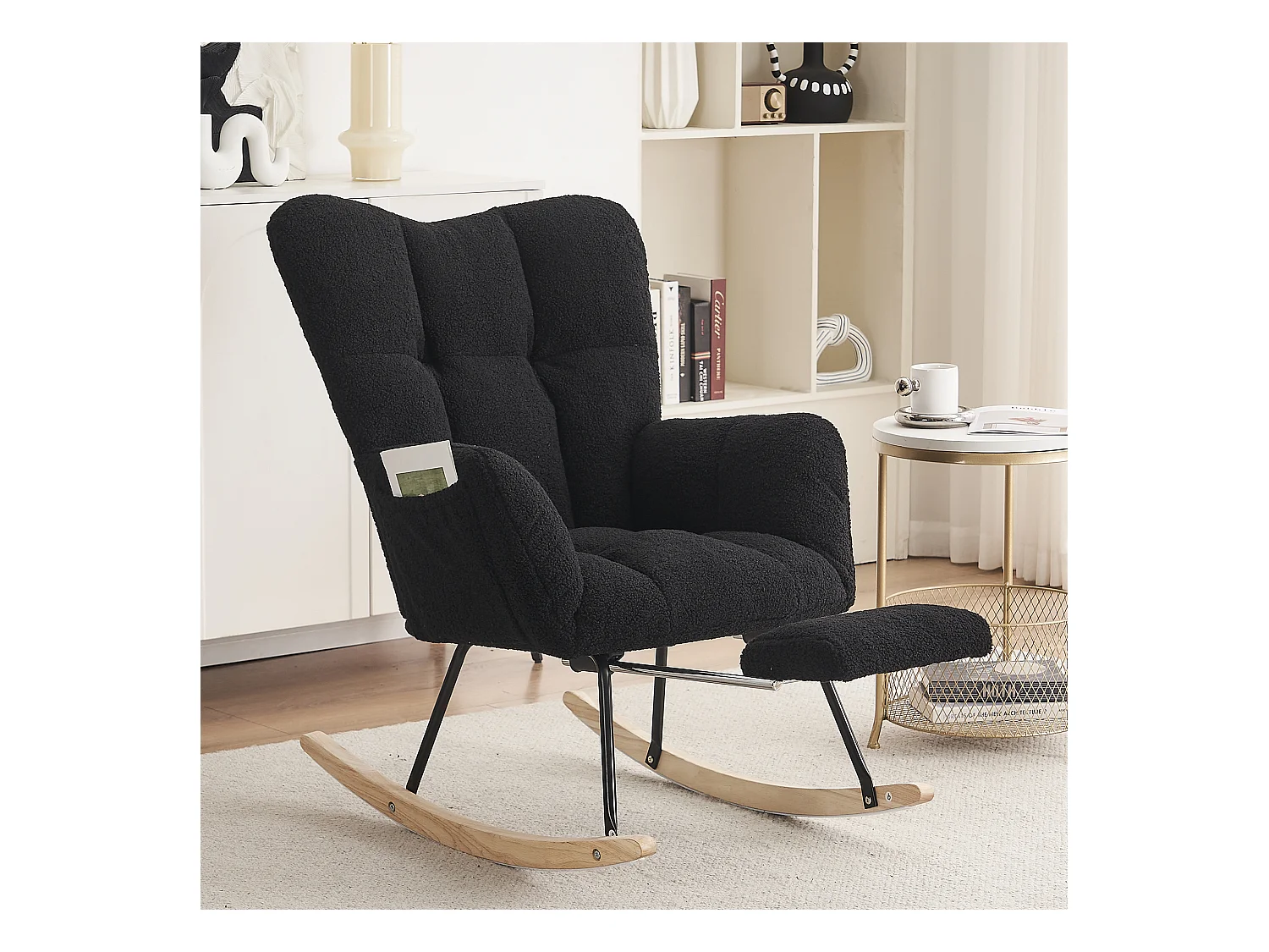 Fauteuil à bascule moderne en Tissu peluche, fauteuil avec dossier haut et repose-pieds escamotable, tissu doux, noir (80x98x98.5 cm)
