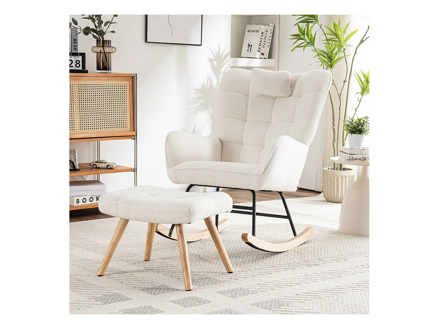 Fauteuil à bascule ergonomique avec repose-pieds, cadre en bois, tissu Tissu peluche, blanc (92x65x100 cm)