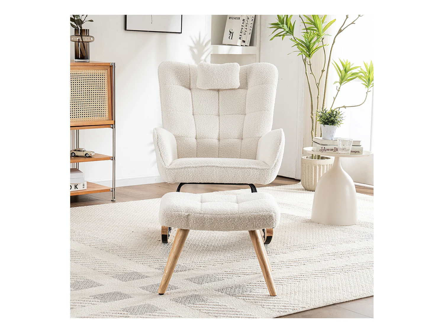 Fauteuil à bascule ergonomique avec repose-pieds, cadre en bois, tissu Tissu peluche, blanc (92x65x100 cm)