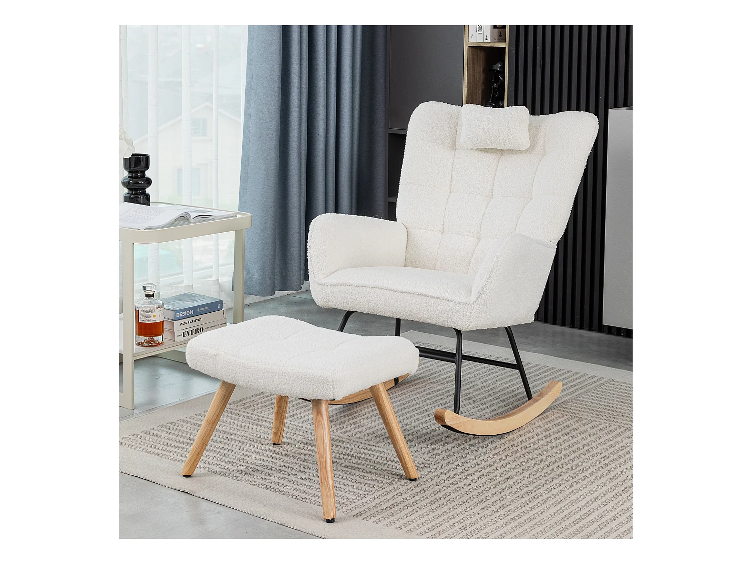 Fauteuil à bascule ergonomique avec repose-pieds, cadre en bois, tissu Tissu peluche, blanc (92x65x100 cm)