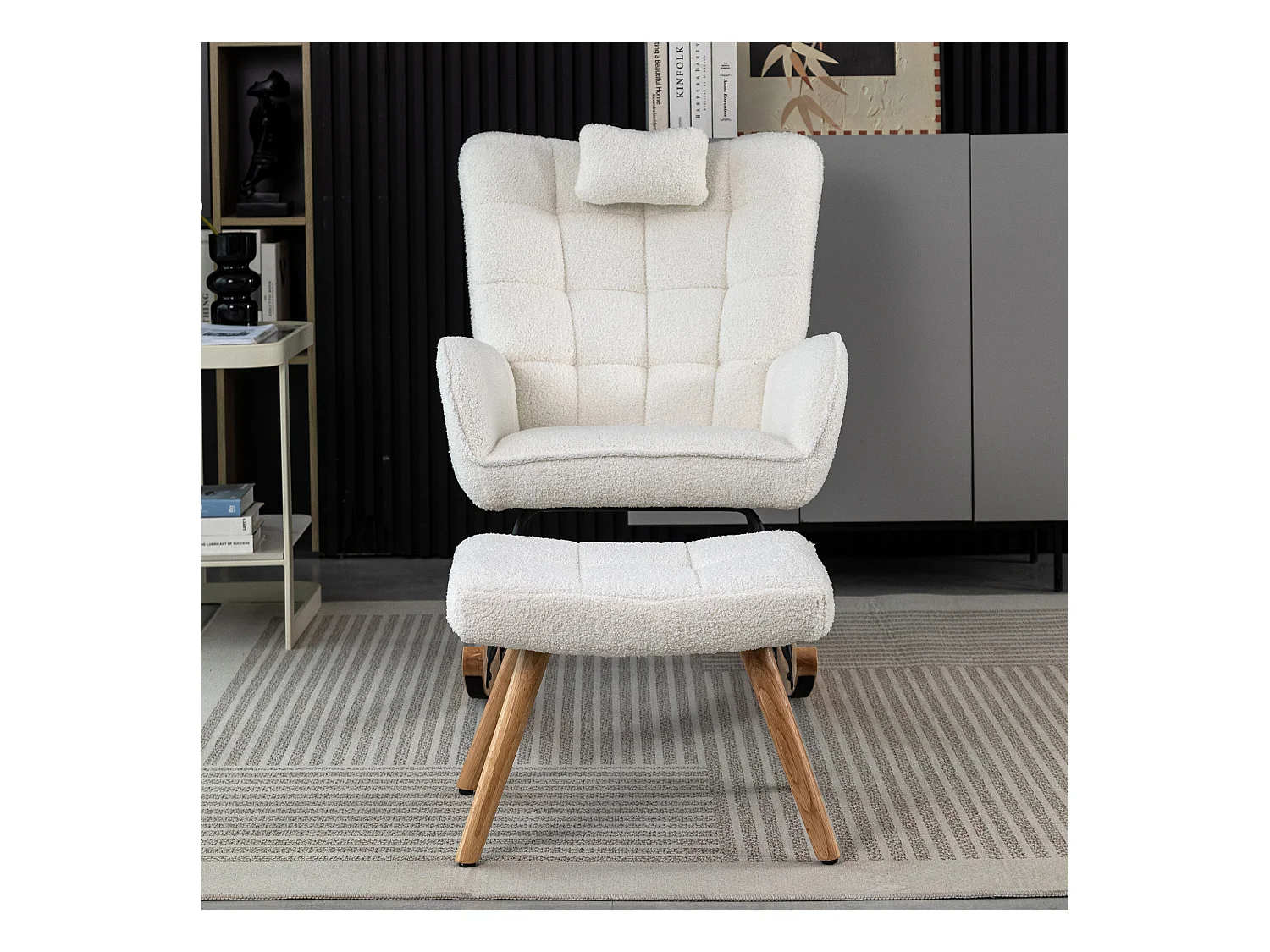Fauteuil à bascule ergonomique avec repose-pieds, cadre en bois, tissu Tissu peluche, blanc (92x65x100 cm)