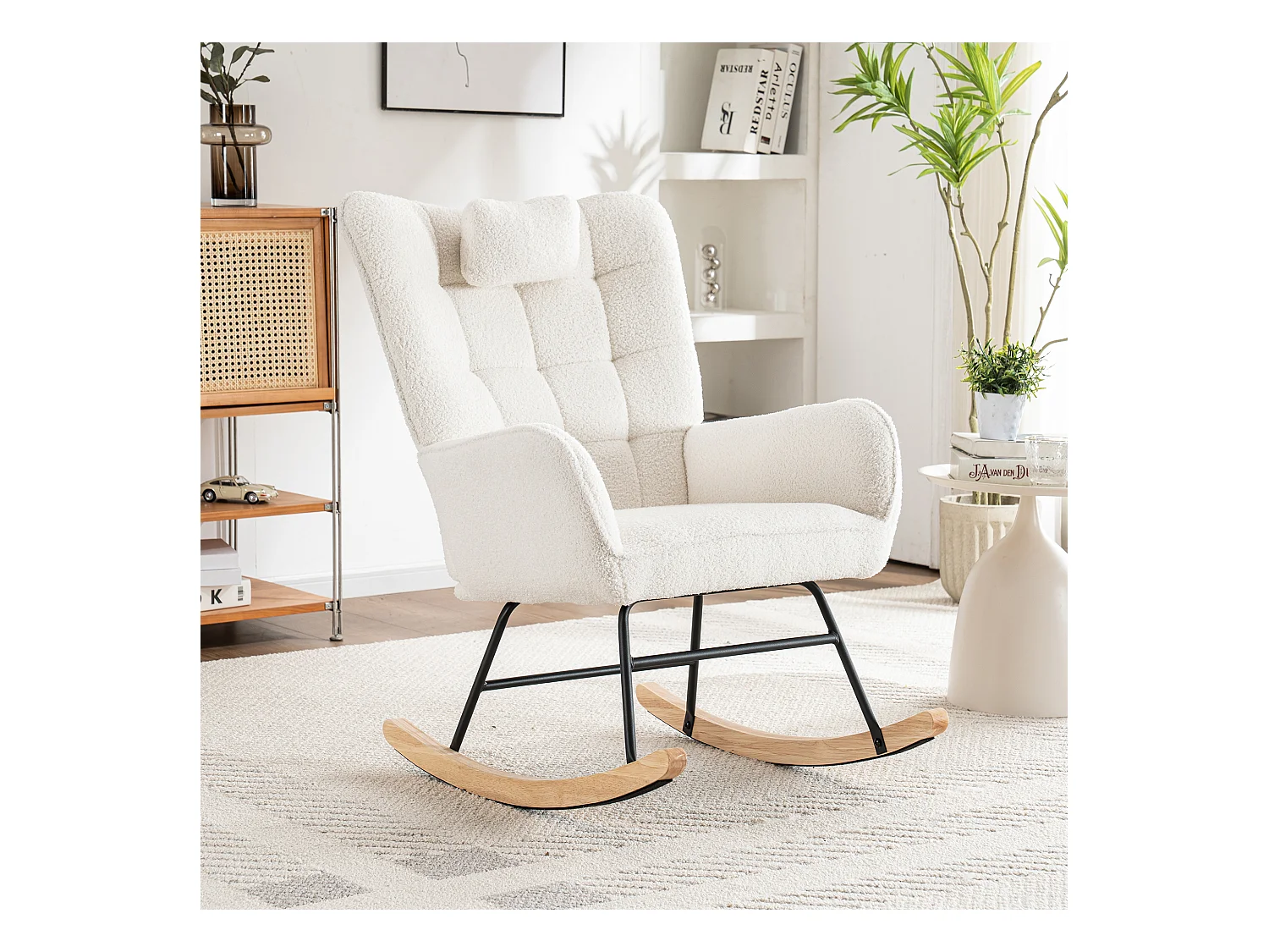 Fauteuil à bascule ergonomique avec repose-pieds, cadre en bois, tissu Tissu peluche, blanc (92x65x100 cm)