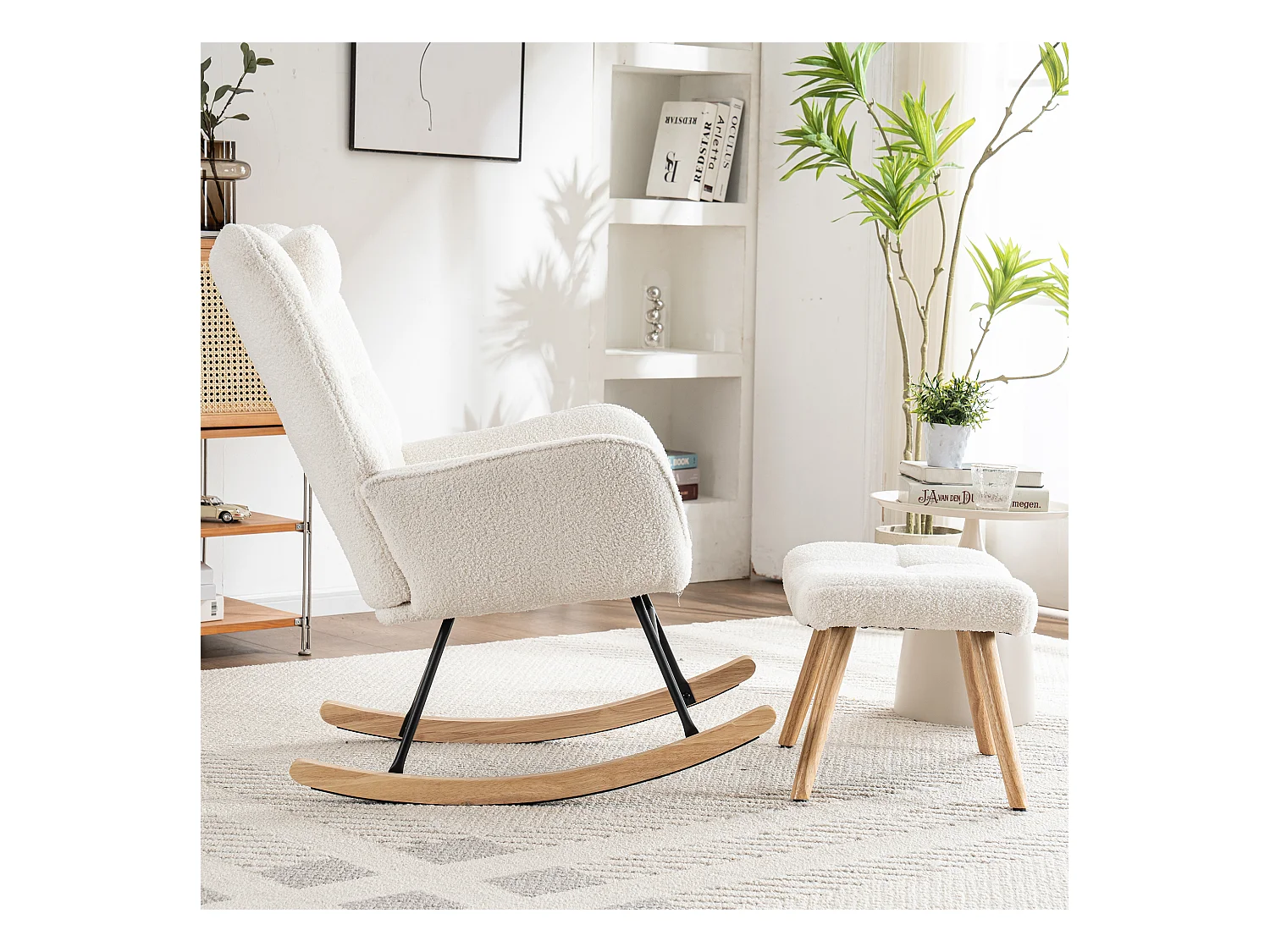 Fauteuil à bascule ergonomique avec repose-pieds, cadre en bois, tissu Tissu peluche, blanc (92x65x100 cm)