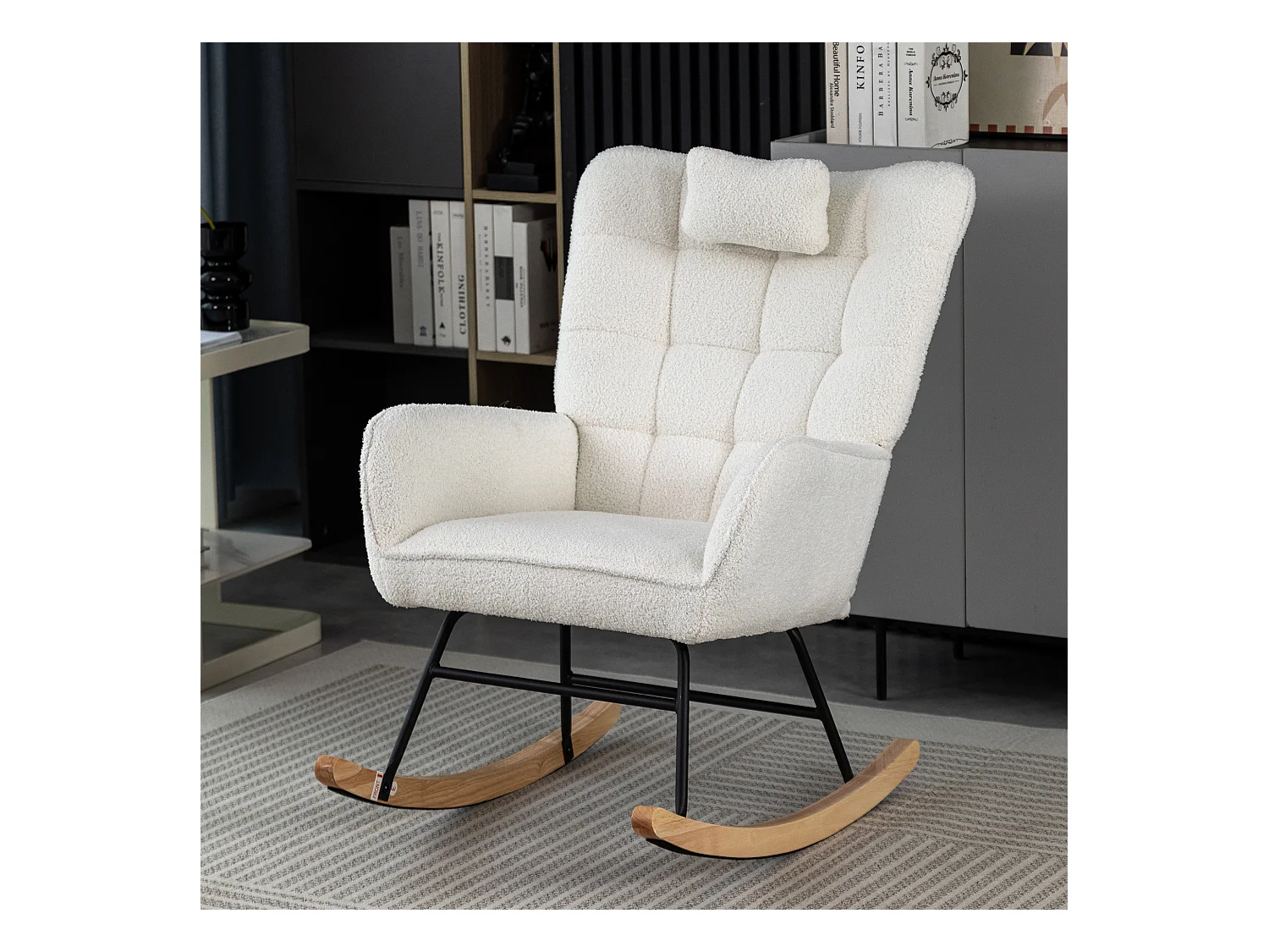 Fauteuil à bascule ergonomique avec repose-pieds, cadre en bois, tissu Tissu peluche, blanc (92x65x100 cm)