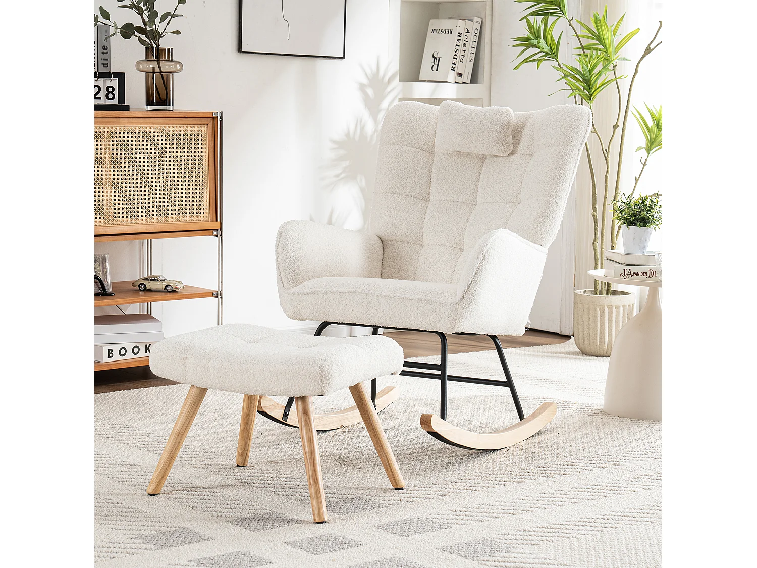 Fauteuil à bascule ergonomique avec repose-pieds, cadre en bois, tissu Tissu peluche, blanc (92x65x100 cm)