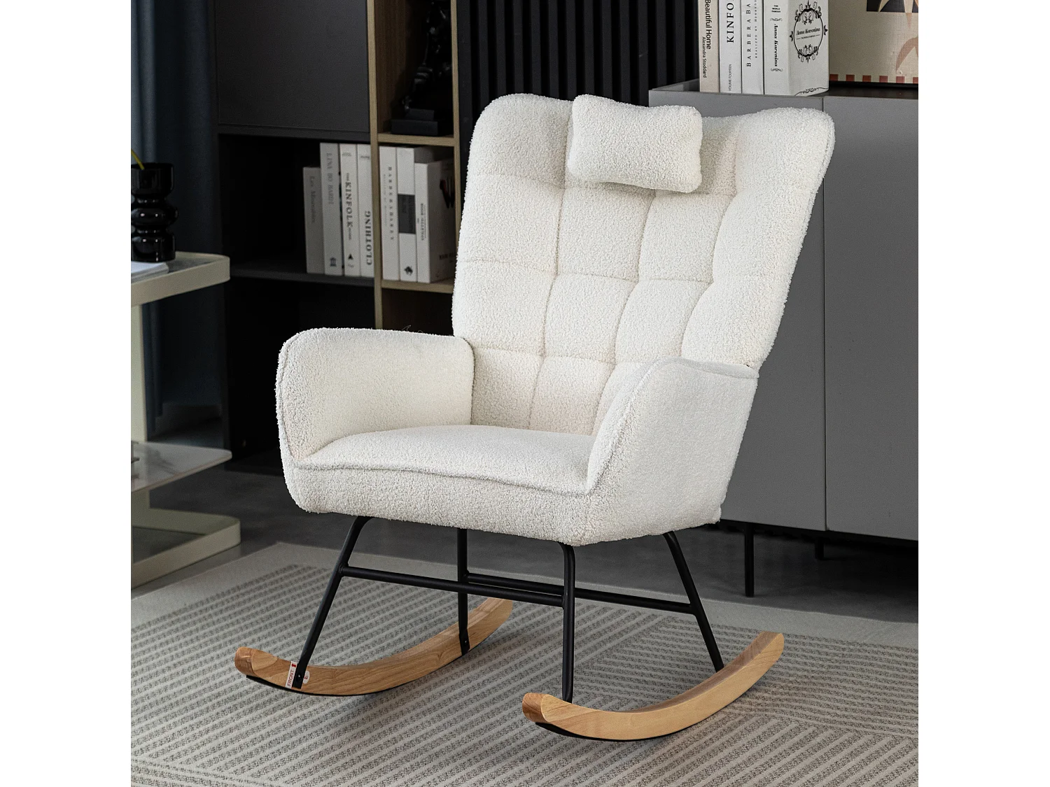 Fauteuil à bascule ergonomique avec repose-pieds, cadre en bois, tissu Tissu peluche, blanc (92x65x100 cm)
