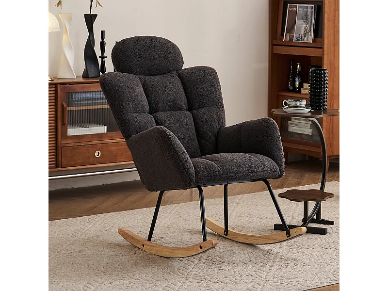 Schommelstoel van pluche stof met gewatteerde rugleuning en hoofdsteun, zachte stof, voor woonkamer en slaapkamer, donkergrijs (102x70x107 cm)