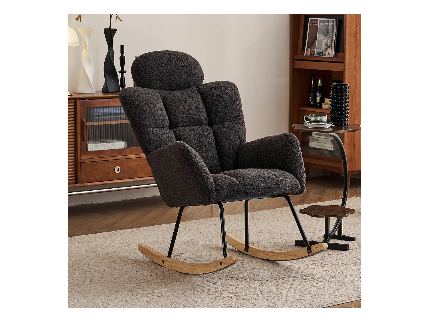 Schommelstoel van pluche stof met gewatteerde rugleuning en hoofdsteun, zachte stof, voor woonkamer en slaapkamer, donkergrijs (102x70x107 cm)