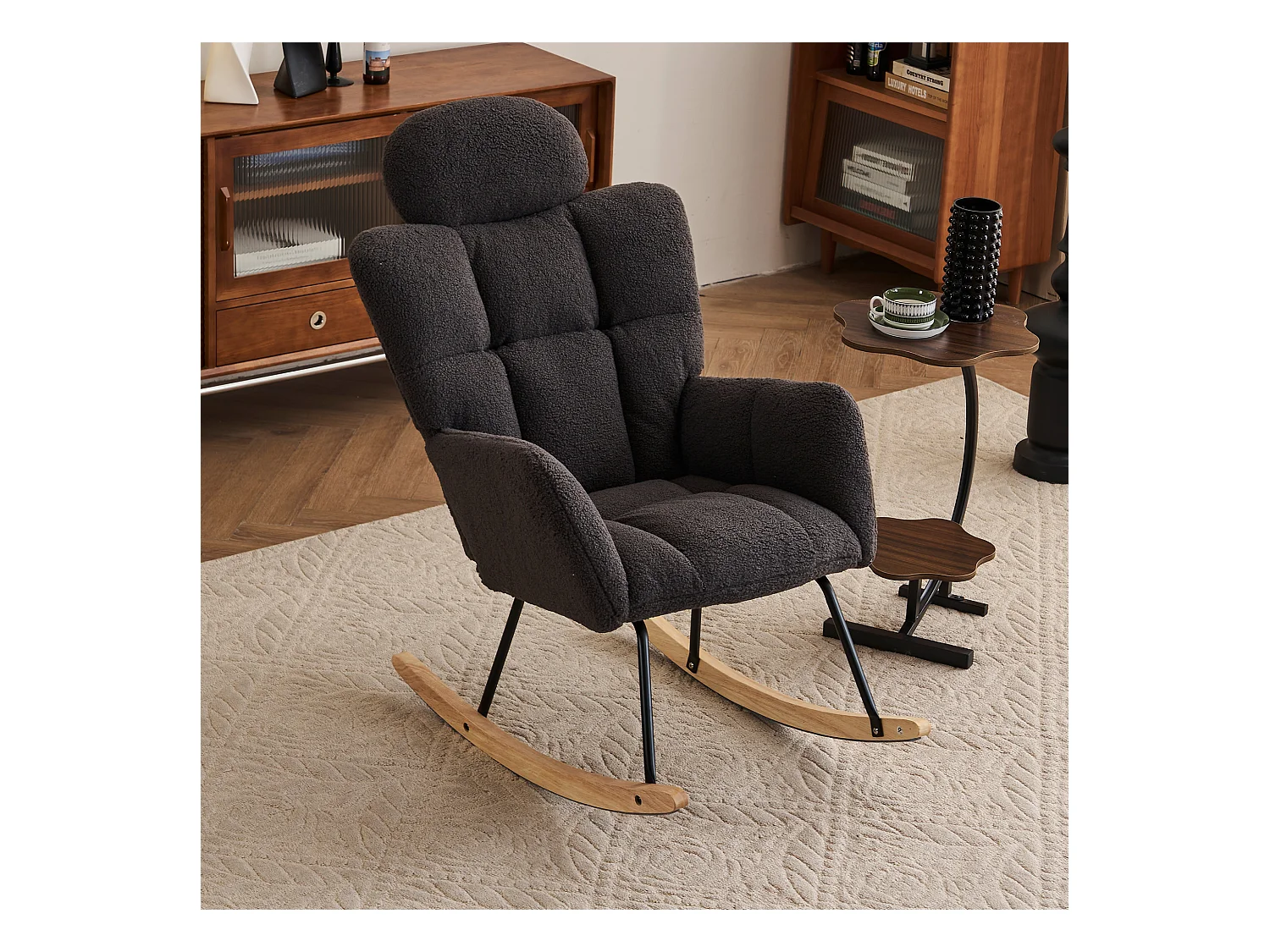 Schommelstoel van pluche stof met gewatteerde rugleuning en hoofdsteun, zachte stof, voor woonkamer en slaapkamer, donkergrijs (102x70x107 cm)