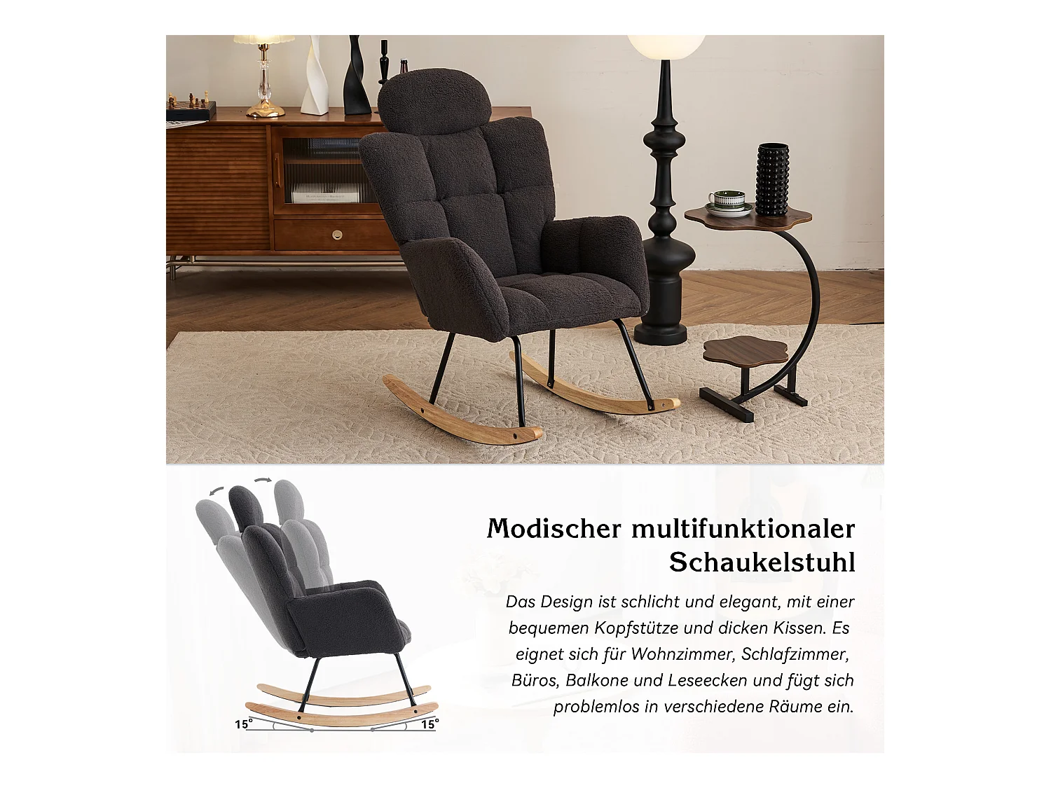 Schommelstoel van pluche stof met gewatteerde rugleuning en hoofdsteun, zachte stof, voor woonkamer en slaapkamer, donkergrijs (102x70x107 cm)